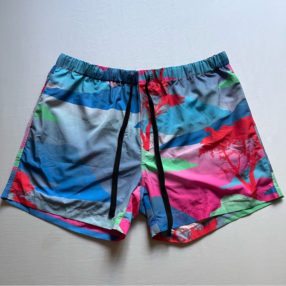 NWT DOUBLE RAINBOUU blue multicolor elastic palm tree Hawaiian beach swim trunks